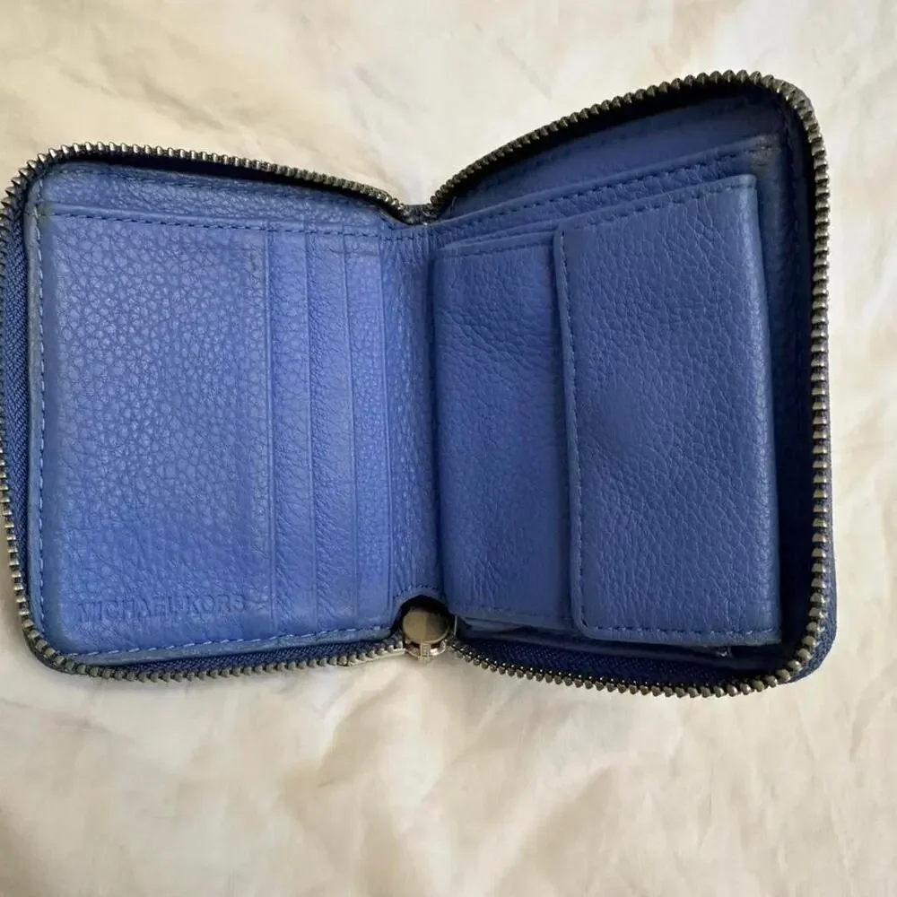 Michael Kors Blue Leather Zip Around Wallet Silver Hardware